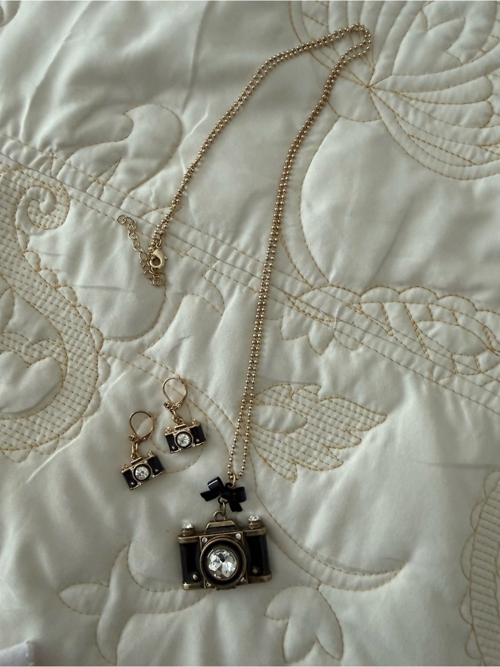Betsy Johnson Camera Pendant Necklace and Earring Set - Black and Gold